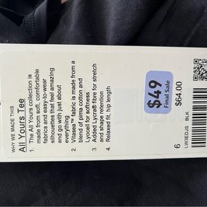 Lululemon All yours tee black size 6